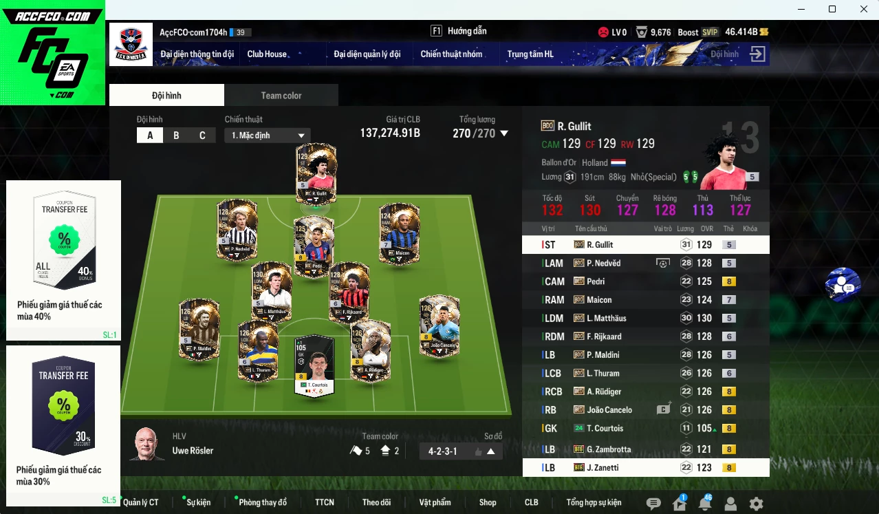 Full mùa BDO vs BLD 137.270b có Rudiger+8 , Cancelo +8 , Pedri +8 , Matthaus, Gullit, Rijkaard+6, Maicon +7 , Nedved, Thuram, Maldini...